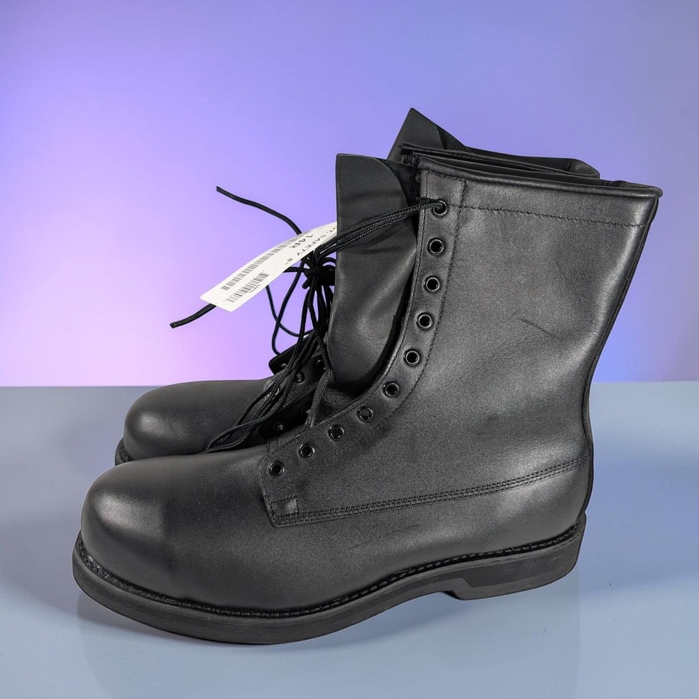 Addison Shoe Co Mens 8" Safety Steel Toe Combat Boots Black Leather 14R USA Made
